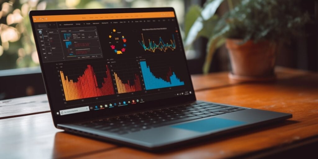 a laptop on the desk showing analytics