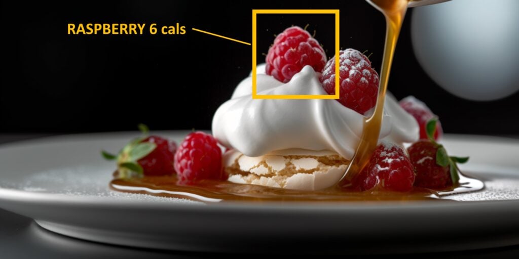 computer vision detecting a raspberry on a desert and indicating 6 calories
