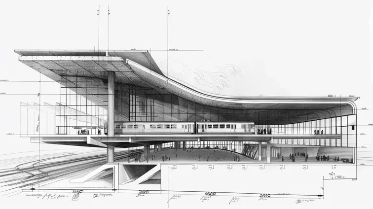 cross-section CAD drawing of a brutalist train station
