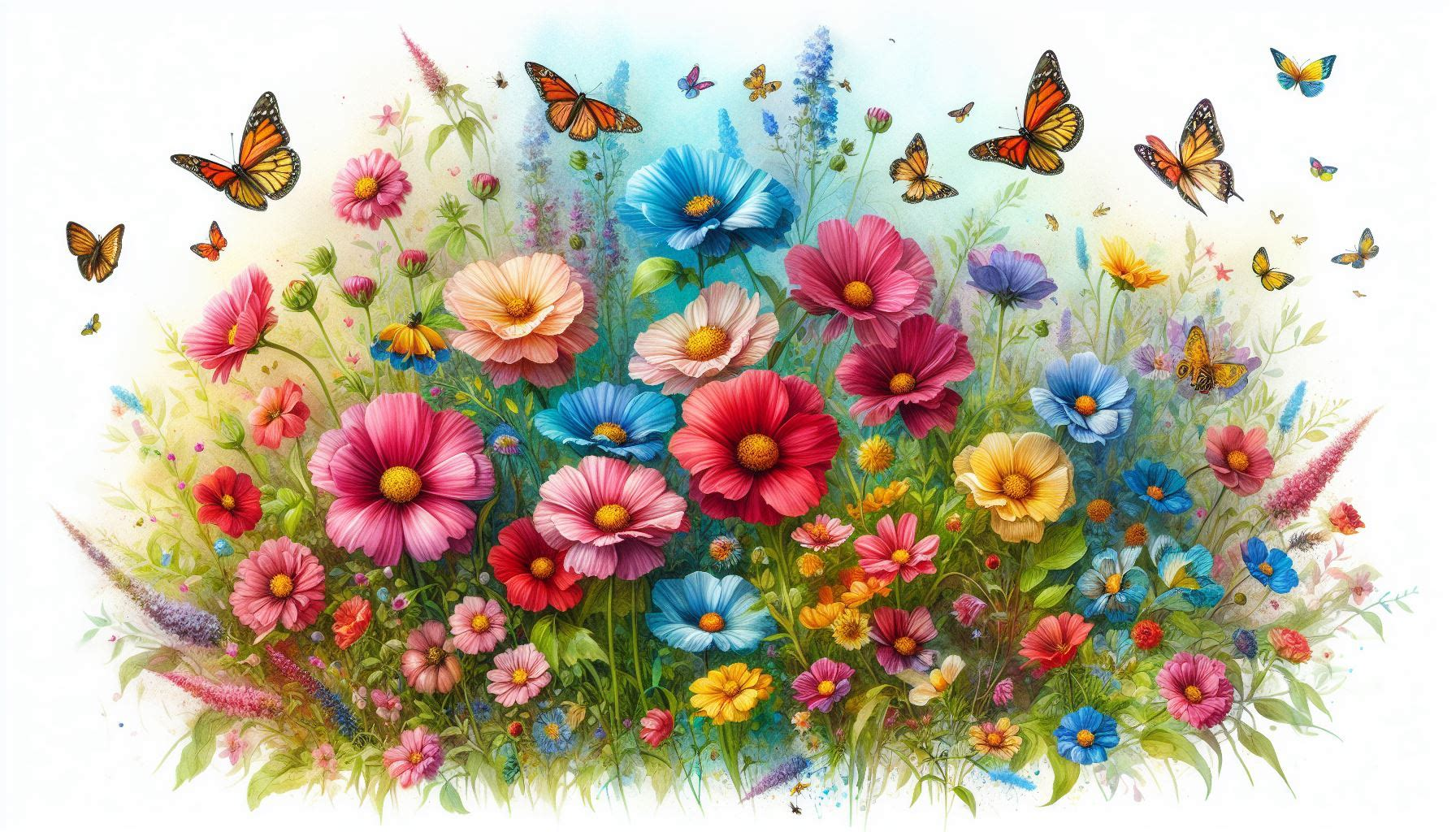Dall-E 3 image example showing a colorful bunch of flowers with butterfly's