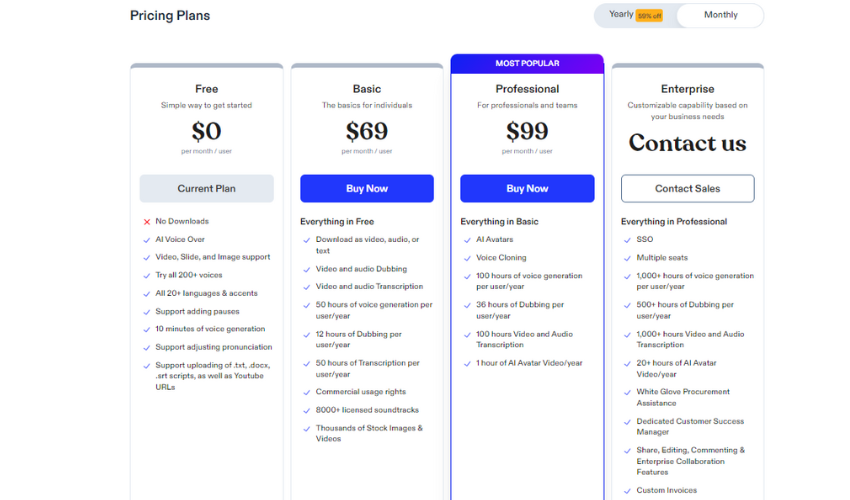 speechify pricing table