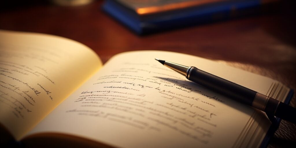 an open diary with text written on the page and a pen on top of the page