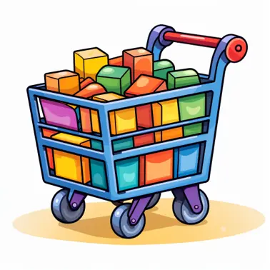 eCommerce style trolley full of colorful boxes.