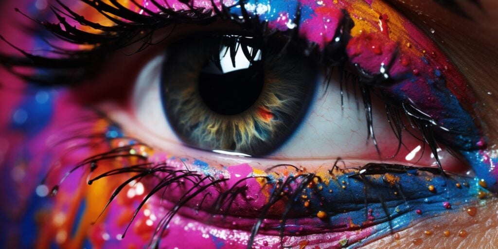 human eye close up, surrounding skin covered in rainbow paint
