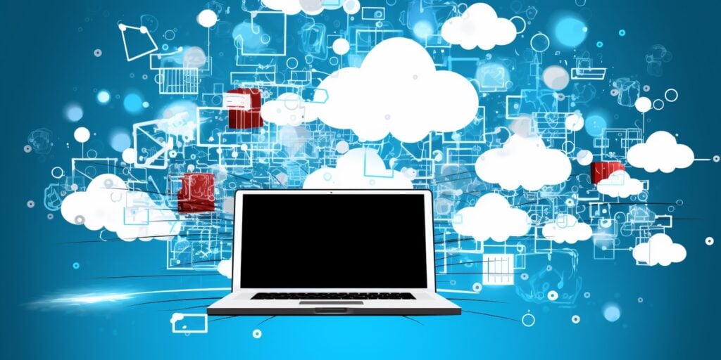 laptop logo art with clouds surrounding