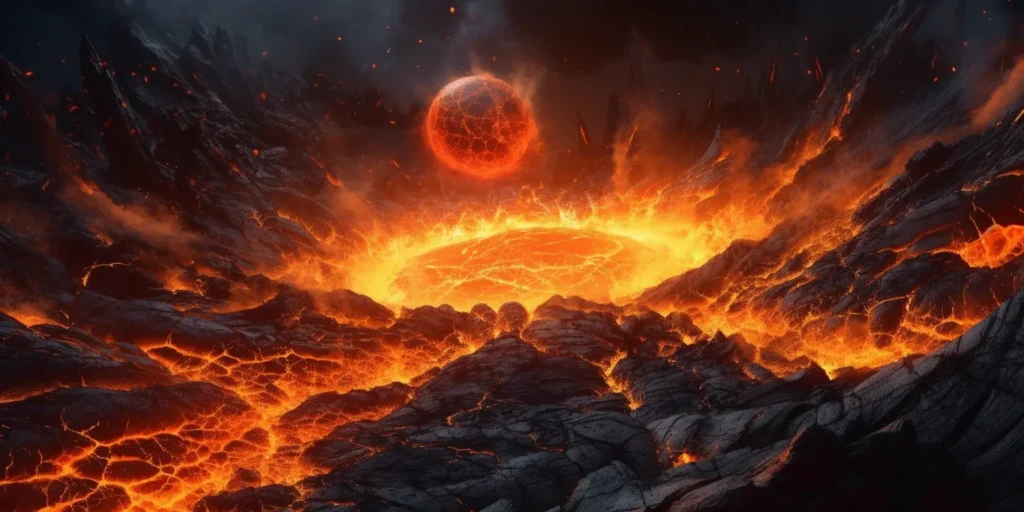 Midjourney generated image of lava with a floating planet above volcano