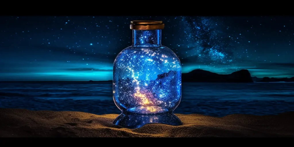 Midjourney generated image of a galaxy in a bottle