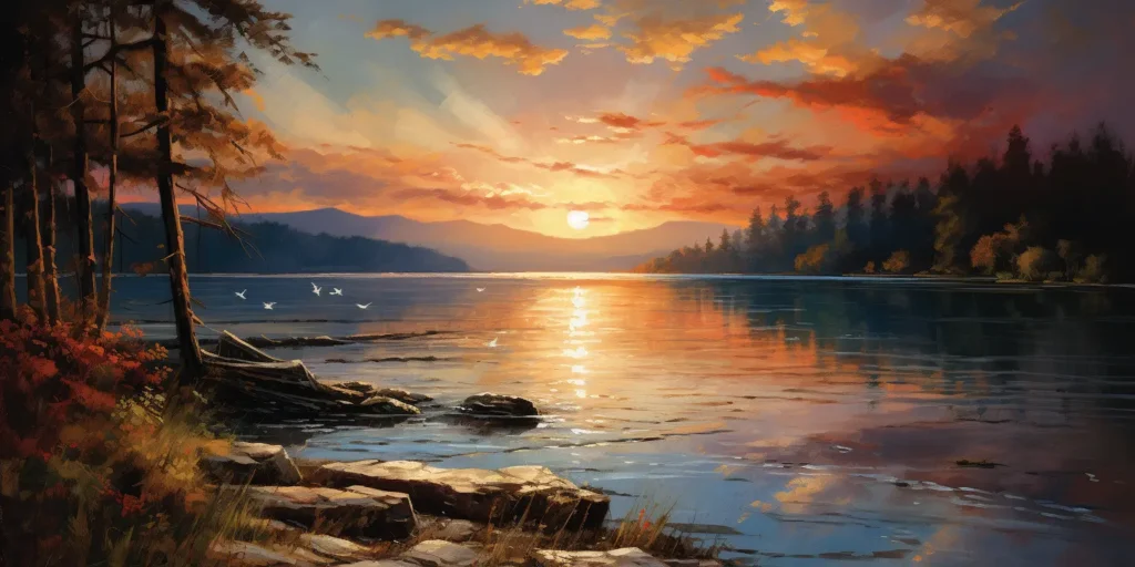 A serene lakeside scene at sunset with visible brushwork.