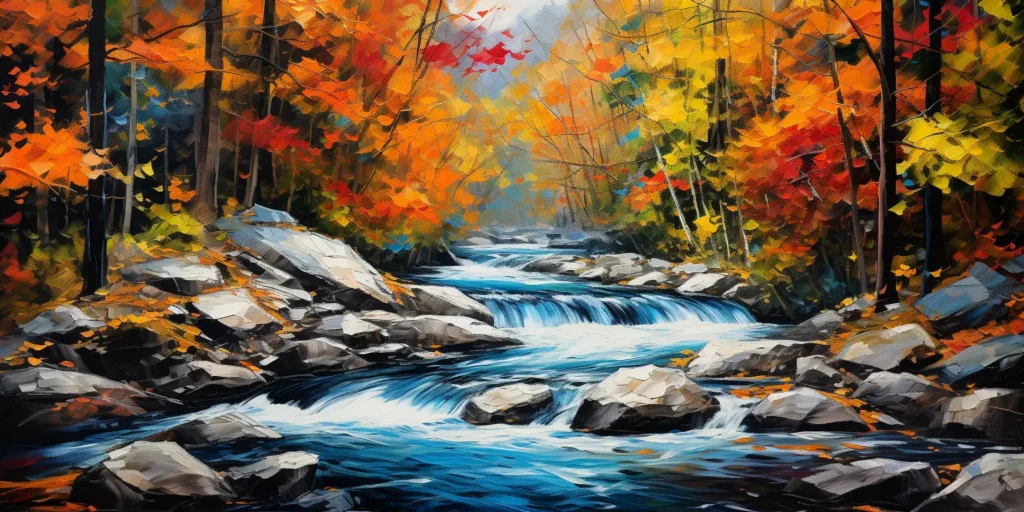 a tranquil autumn forest with a meandering stream. Use palette-knife strokes for a textured appearance