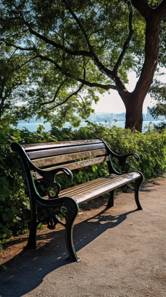 9:16 aspect ratio example showing a park bench with green shrubs in background