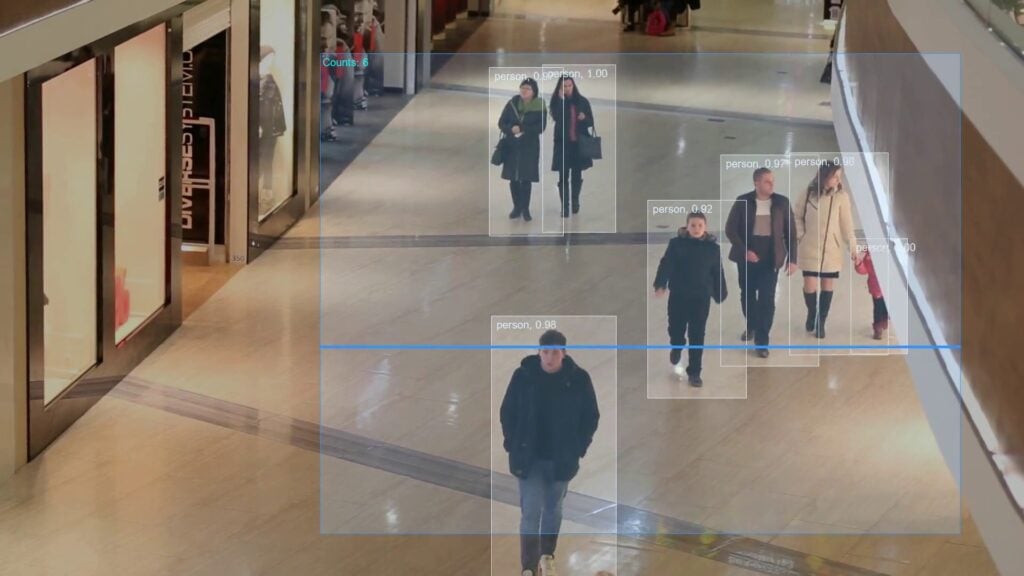 image showing people walking through a shopping center, digital boxes surrounding them generated by computer vision