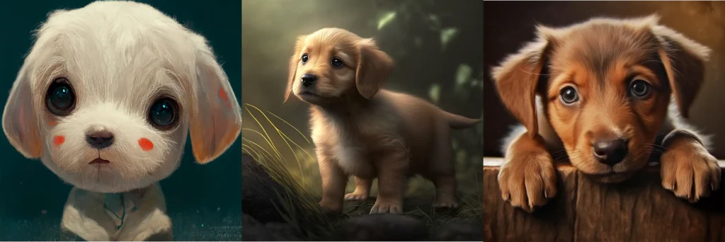 Midjourney generated image of puppies comparing different versions of midjourney