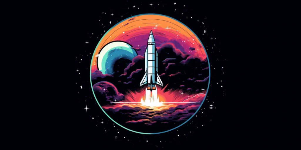retro sci-fi spacex rocket in outer space, tshirt design, vector artwork, neon theme, in a circle, white background