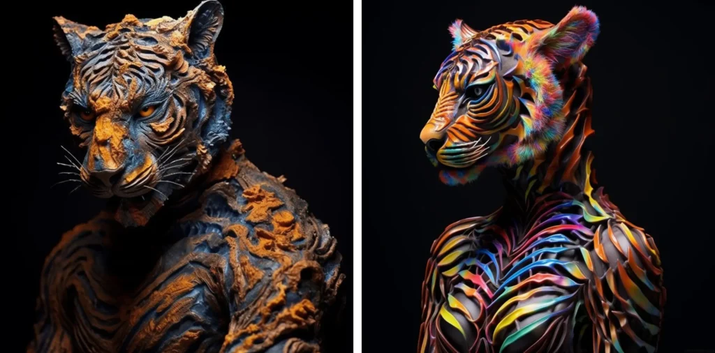 Midjourney generated image of tigers in human form with textured coat