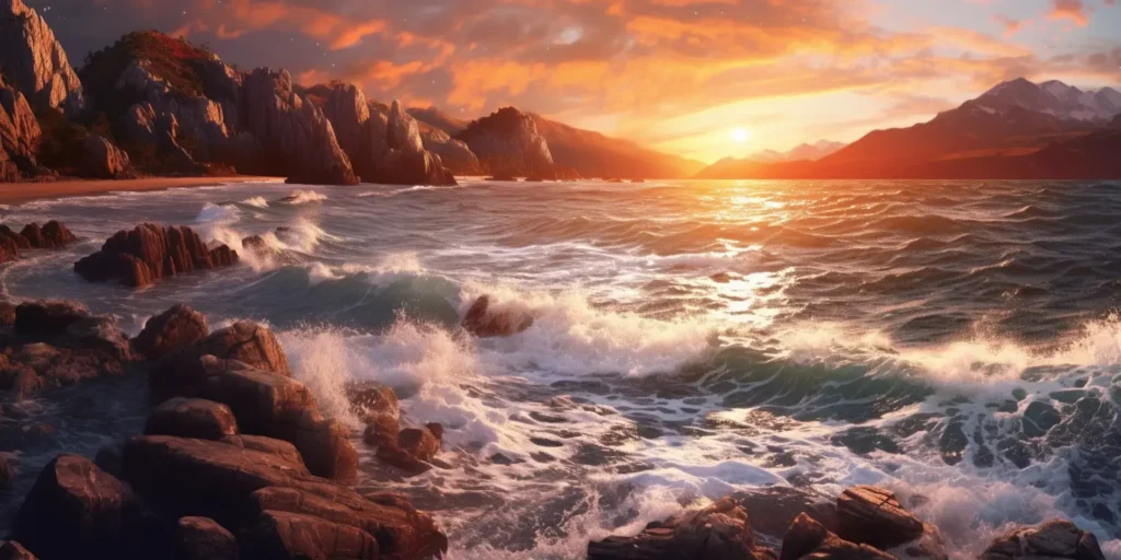 Midjourney generated image of sunrise over a round ocean and rocky beach