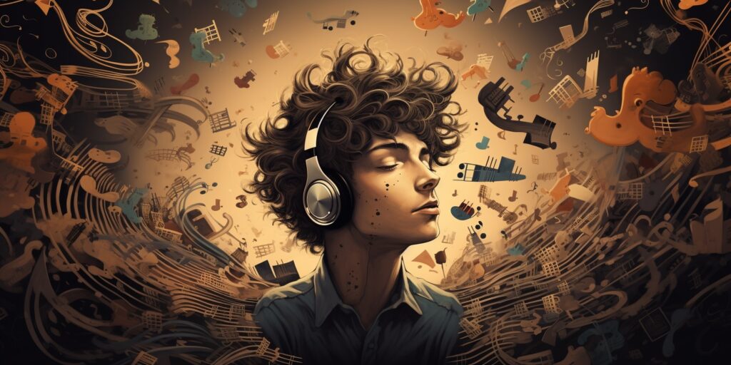 abstract art of man surrounded by musical notes