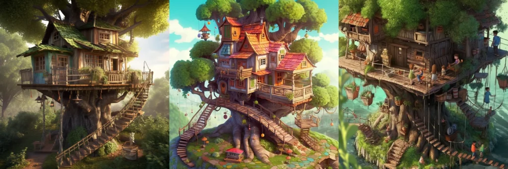 Midjourney generated image of different treehouses