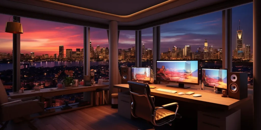 Midjourney generated image of a home office overlooking the city through large windows at dusk